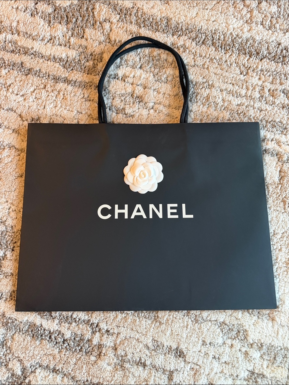 CHANEL Black Shopping Bag with White Camellia